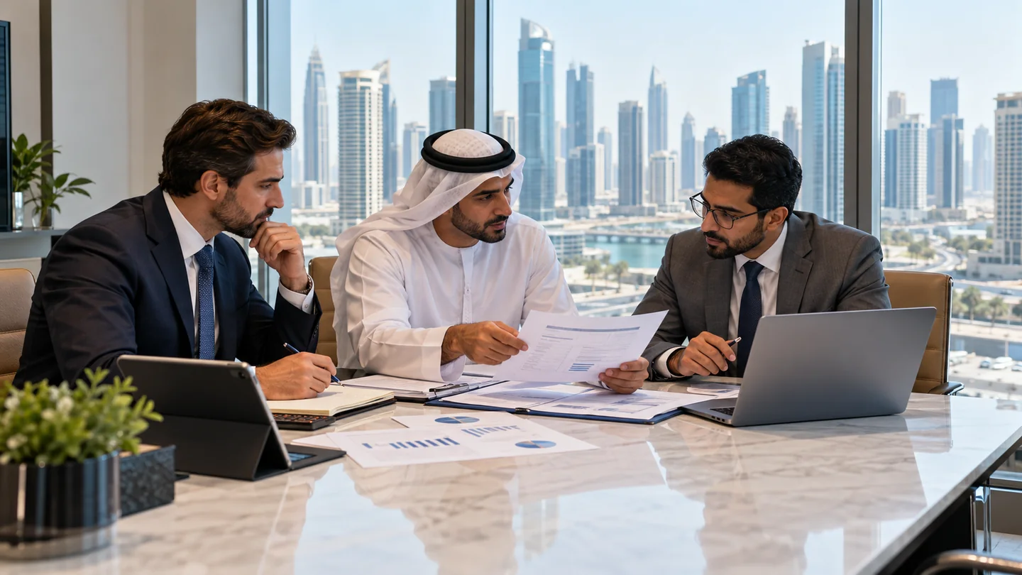 Finance professionals reviewing e-invoicing implementation documents in a modern Dubai office meeting room